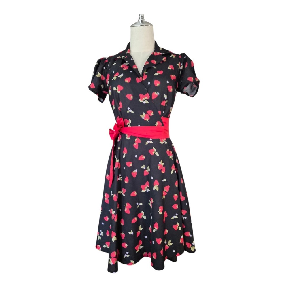 Unique Vintage Strawberry Print True Wrap Dress Black Red Pinup Rockabilly S